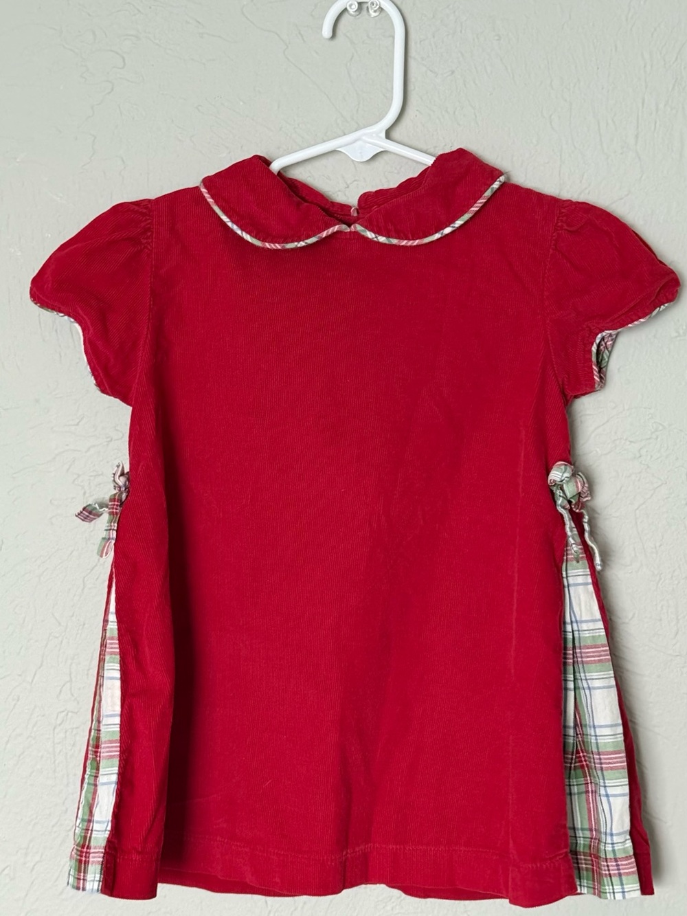 Bella Bliss Red Corduroy Dress with Plaid Trim